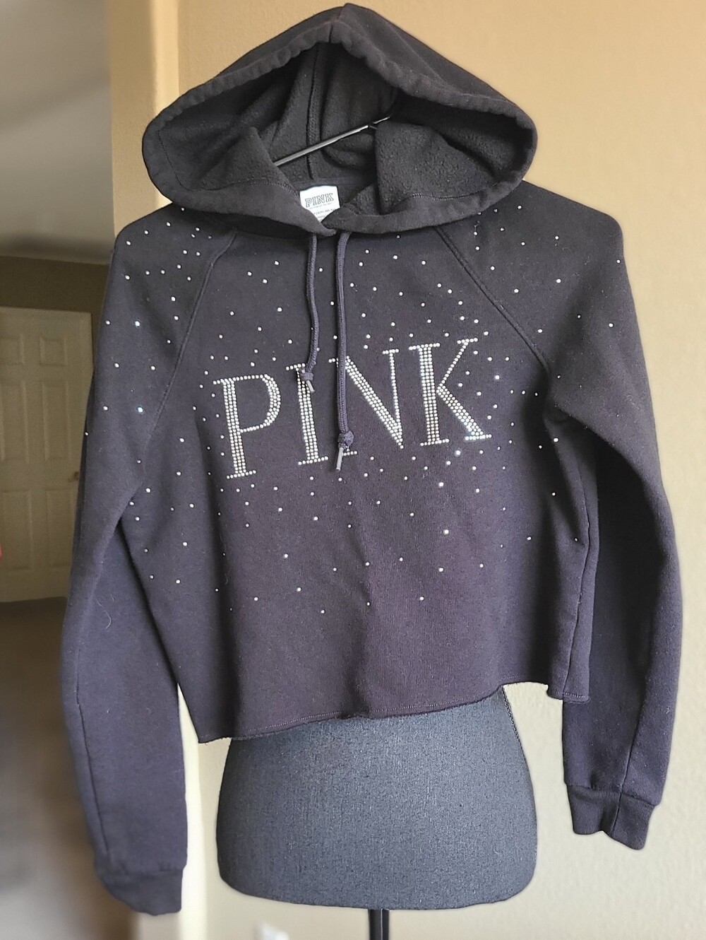 PINK Victoria's Secret Black Cropped Hoodie with Studded Logo